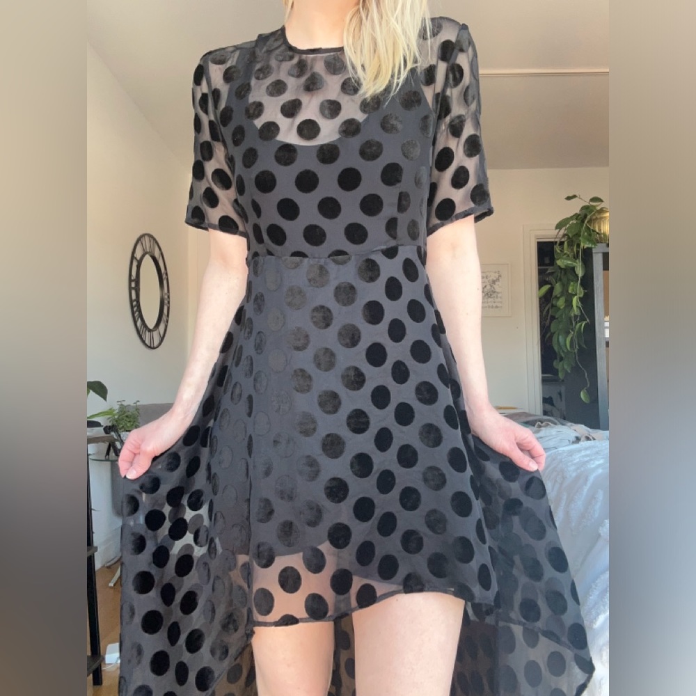 ZARA Black Sheer Polka Dot High Low Dress Sz S